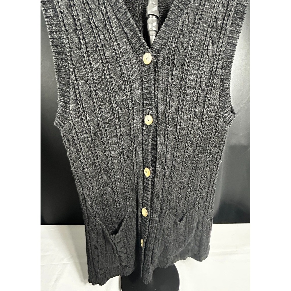Tribeca Womens Charcoal Gray Cable Knit Longline Button Front Cardigan‎ Vest M/L